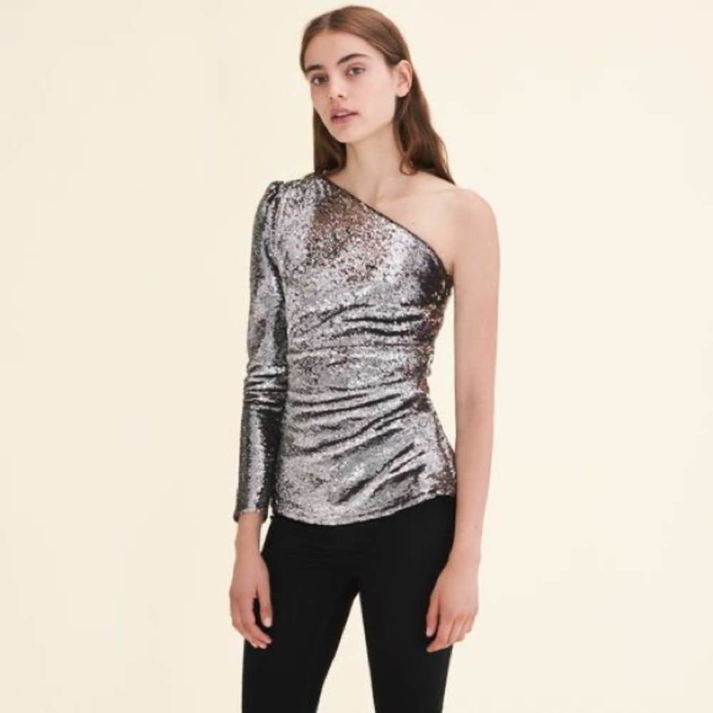 Maje Loinita Metallic Sequined One Shoulder Top b3